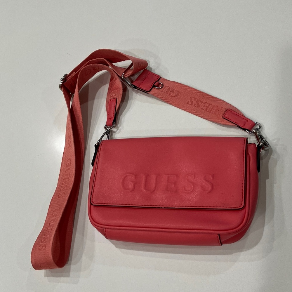GUESS Coral-Red Embossed Logo Crossbody Bag